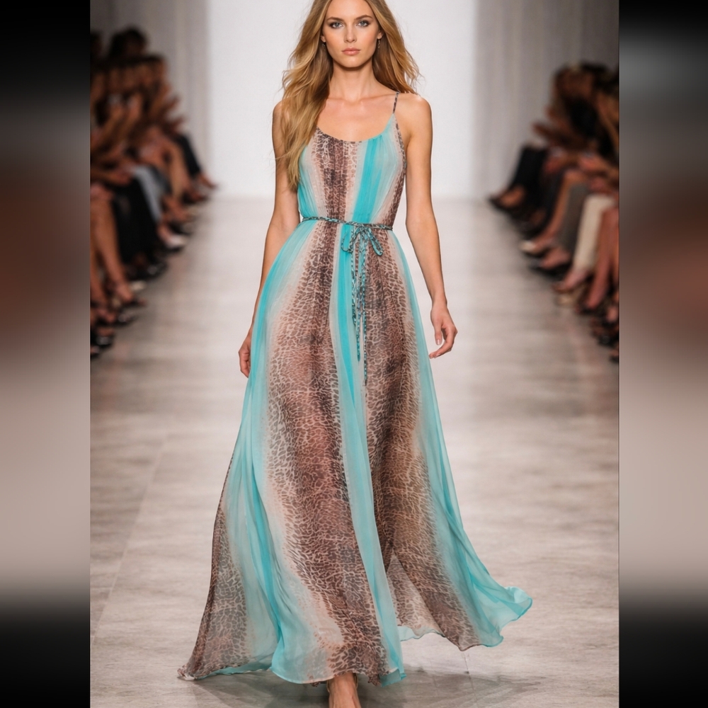 charlie jade Silk Turquoise Teal Brown Animal Print Belt Maxi Dress Size Small - Picture 3 of 11